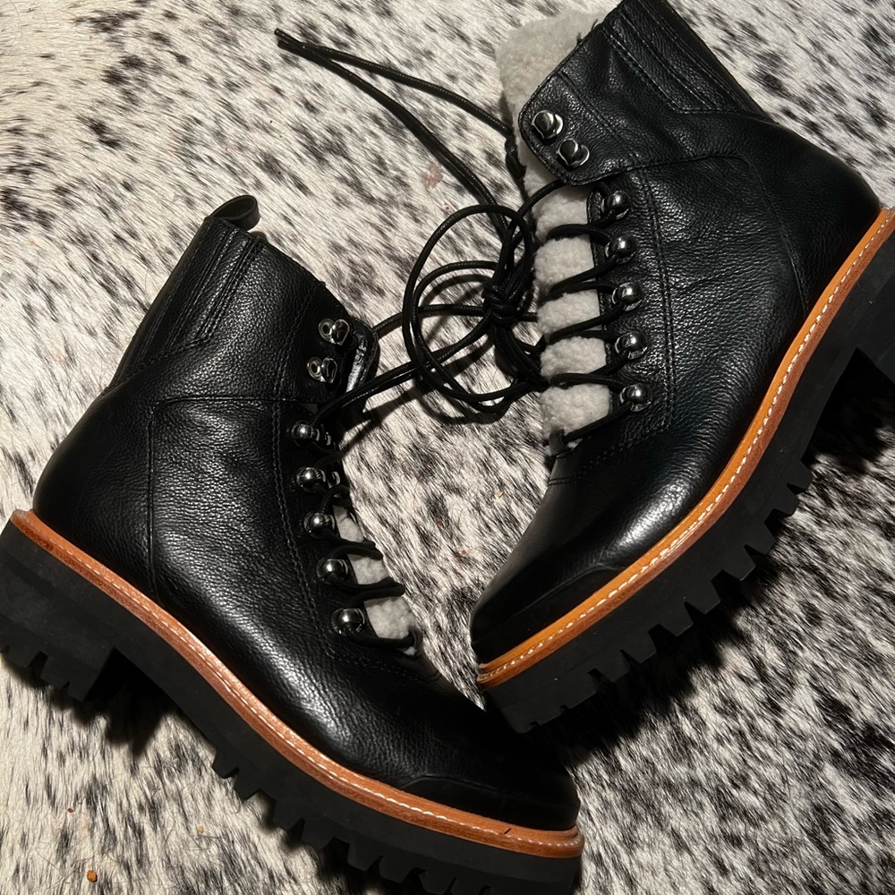 Marc Fisher Black Leather Lace Up Boots with Brown Accents New Size 6 Women